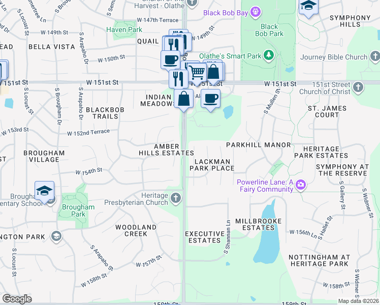 map of restaurants, bars, coffee shops, grocery stores, and more near 15362 South Constance Street in Olathe