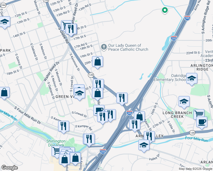 map of restaurants, bars, coffee shops, grocery stores, and more near 2207 South Glebe Road in Arlington