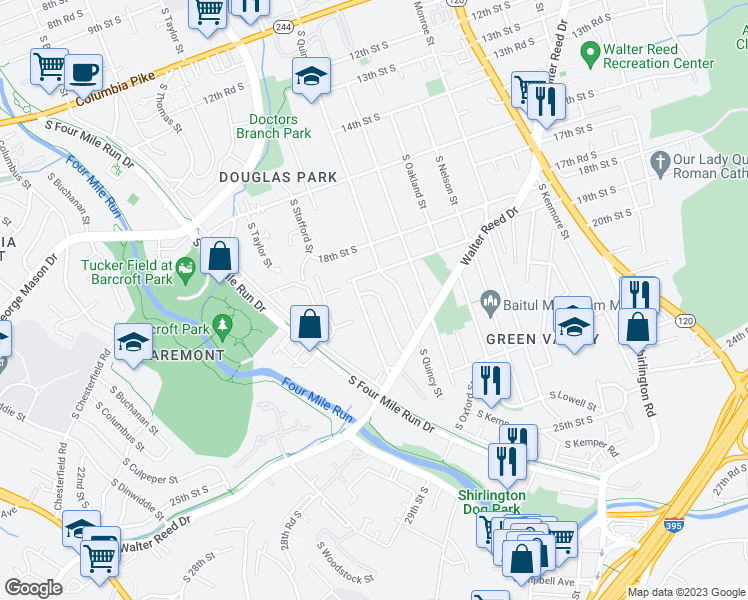 map of restaurants, bars, coffee shops, grocery stores, and more near 1922 South Quebec Street in Arlington