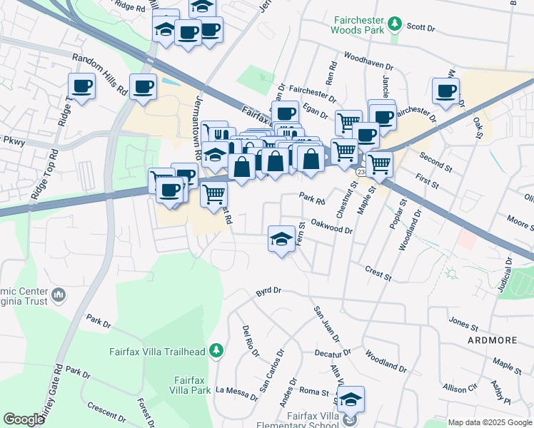 map of restaurants, bars, coffee shops, grocery stores, and more near 4117 Fairfax Street in Fairfax