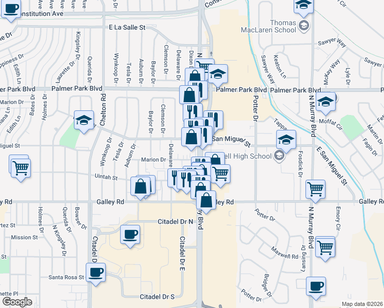 map of restaurants, bars, coffee shops, grocery stores, and more near 1230 North Academy Boulevard in Colorado Springs