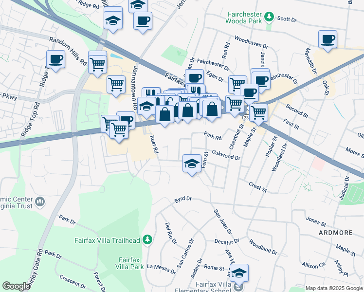 map of restaurants, bars, coffee shops, grocery stores, and more near 4117 Fairfax Street in Fairfax