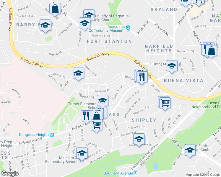 map of restaurants, bars, coffee shops, grocery stores, and more near 1815 Tobias Drive Southeast in Washington
