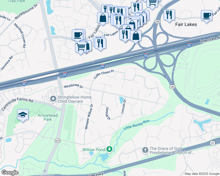 map of restaurants, bars, coffee shops, grocery stores, and more near 13053 Amber Dell Court in Fairfax