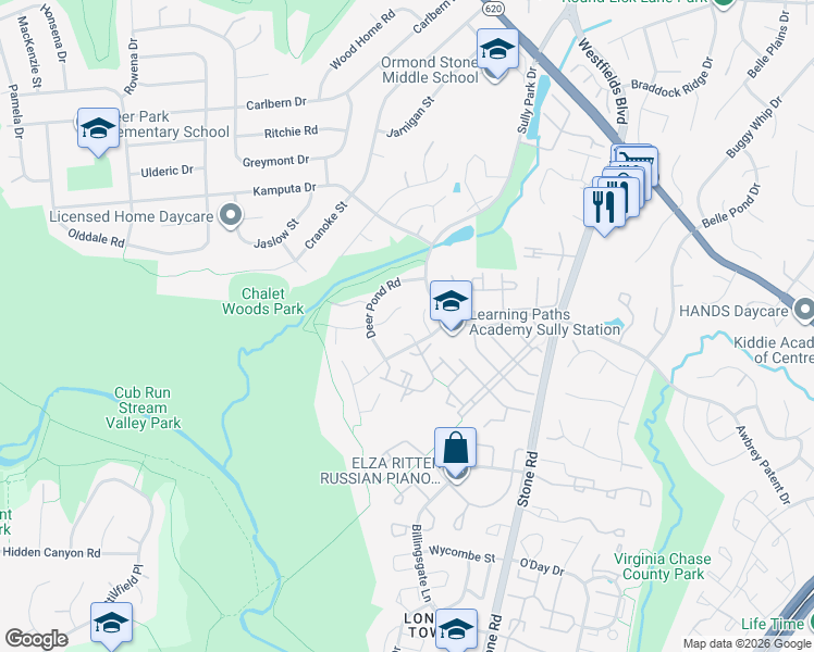 map of restaurants, bars, coffee shops, grocery stores, and more near 14704 Stone Creek Court in Centreville