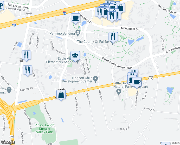 map of restaurants, bars, coffee shops, grocery stores, and more near 4513 Monmouth Street in Fairfax