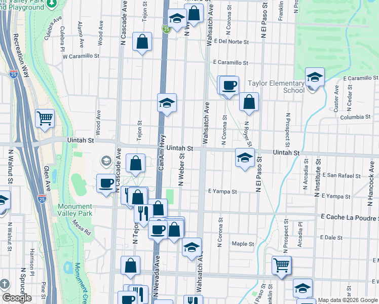 map of restaurants, bars, coffee shops, grocery stores, and more near 1119 North Weber Street in Colorado Springs