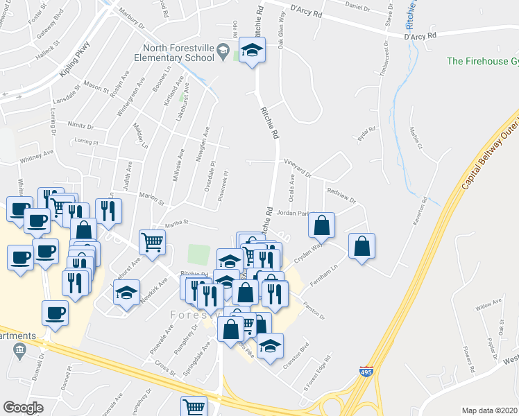 map of restaurants, bars, coffee shops, grocery stores, and more near 2817 Ritchie Road in District Heights