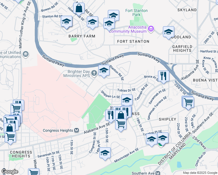 map of restaurants, bars, coffee shops, grocery stores, and more near 1422 Tobias Drive Southeast in Washington