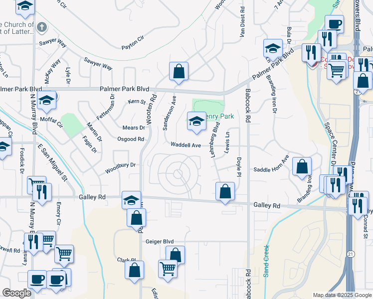 map of restaurants, bars, coffee shops, grocery stores, and more near 5102 Galley Road in Colorado Springs