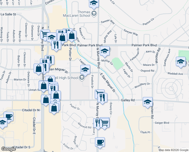 map of restaurants, bars, coffee shops, grocery stores, and more near 1210 North Murray Boulevard in Colorado Springs