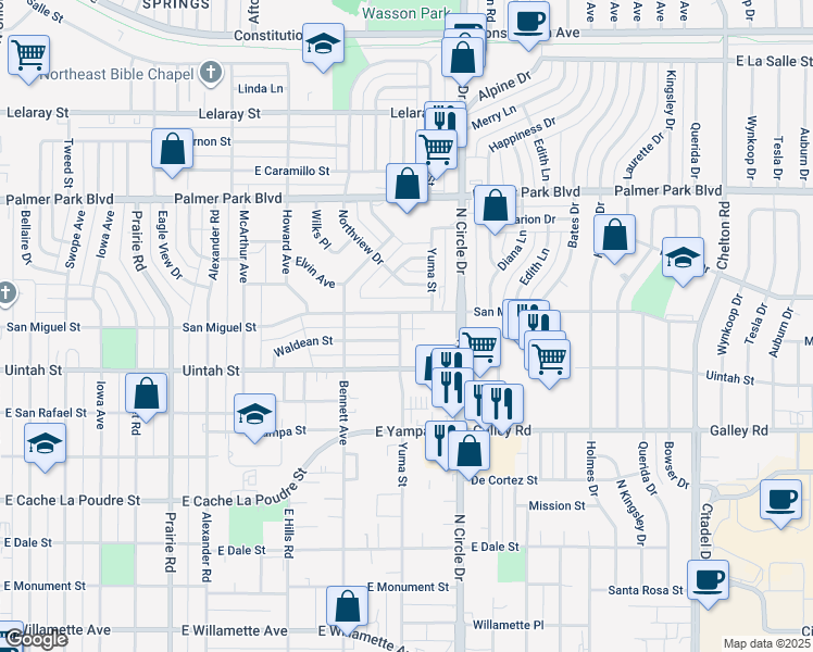 map of restaurants, bars, coffee shops, grocery stores, and more near 1253 Yuma Street in Colorado Springs