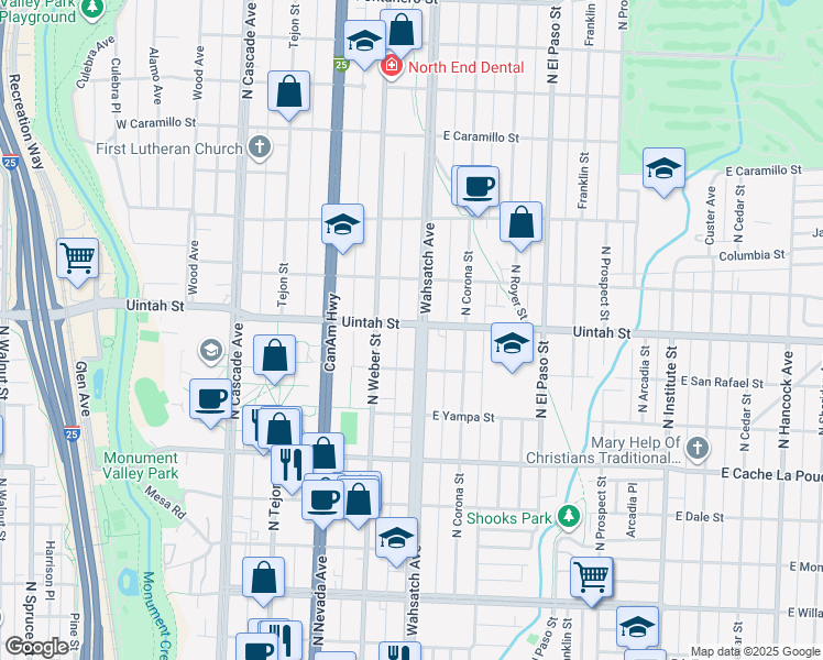 map of restaurants, bars, coffee shops, grocery stores, and more near 1121 North Wahsatch Avenue in Colorado Springs