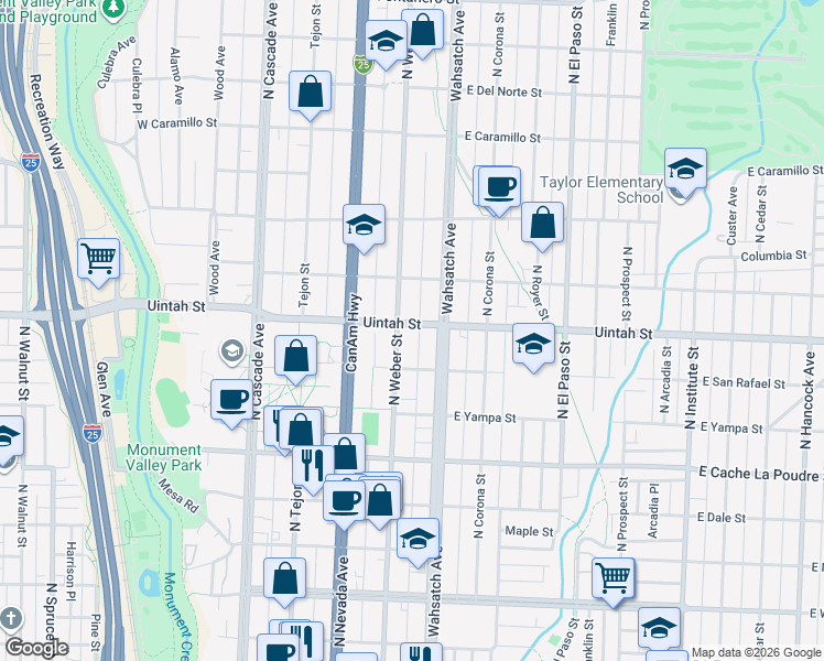 map of restaurants, bars, coffee shops, grocery stores, and more near 1119 North Weber Street in Colorado Springs