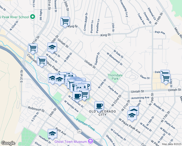 map of restaurants, bars, coffee shops, grocery stores, and more near 2507 Glen View Avenue in Colorado Springs