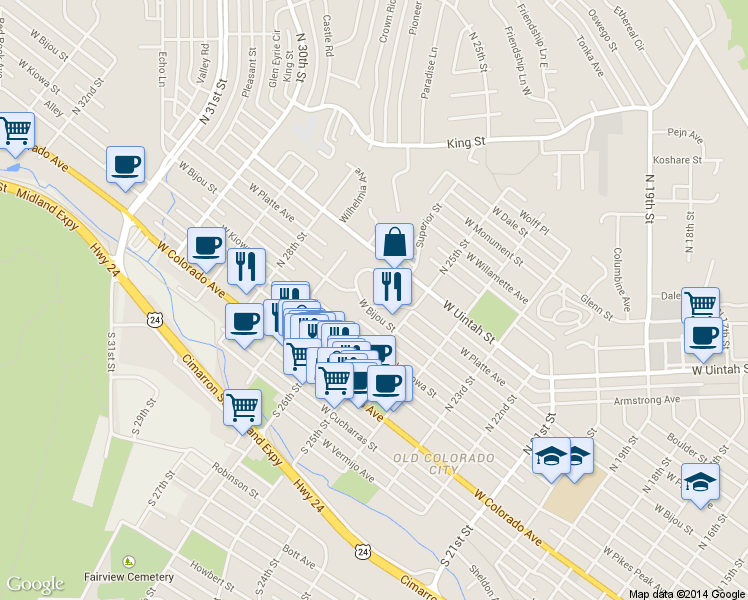 map of restaurants, bars, coffee shops, grocery stores, and more near 2529 West Bijou Street in Colorado Springs