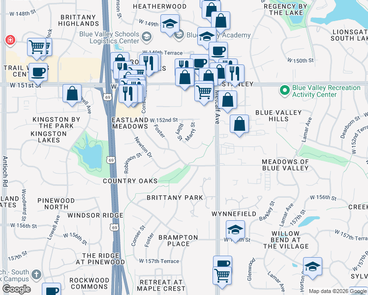 map of restaurants, bars, coffee shops, grocery stores, and more near 15413 Conser Street in Overland Park