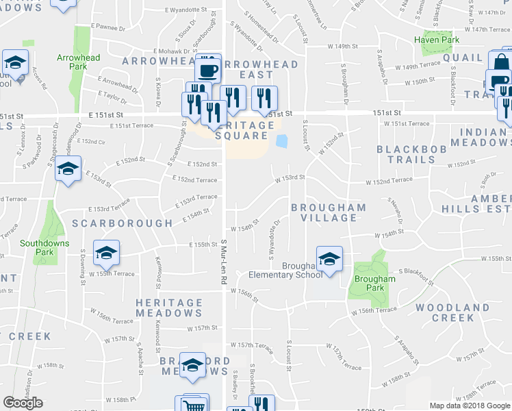 map of restaurants, bars, coffee shops, grocery stores, and more near 16592 West 154th Street in Olathe