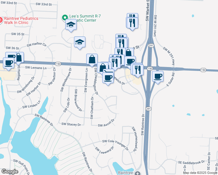 map of restaurants, bars, coffee shops, grocery stores, and more near 233 Southwest Greenwich Drive in Lee's Summit