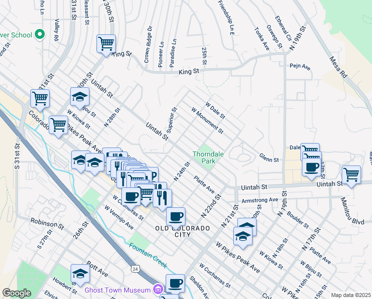 map of restaurants, bars, coffee shops, grocery stores, and more near 2414 West Uintah Street in Colorado Springs