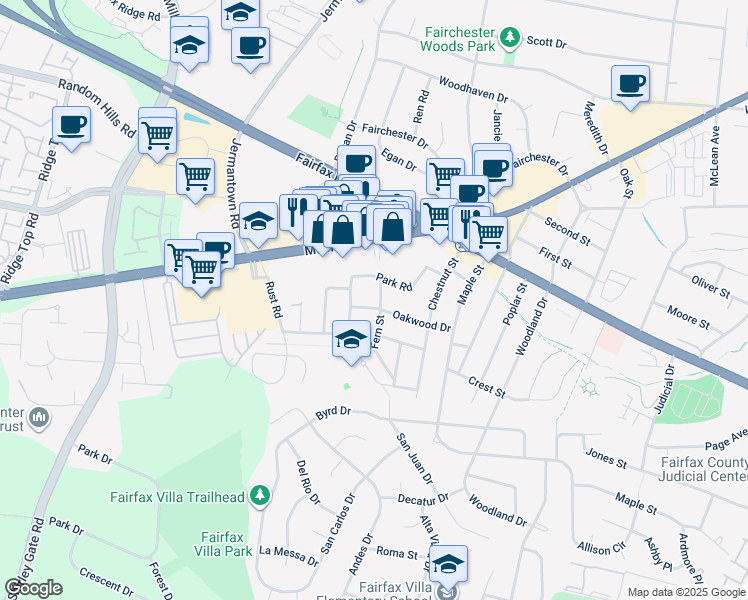 map of restaurants, bars, coffee shops, grocery stores, and more near 4024 Fern Street in Fairfax