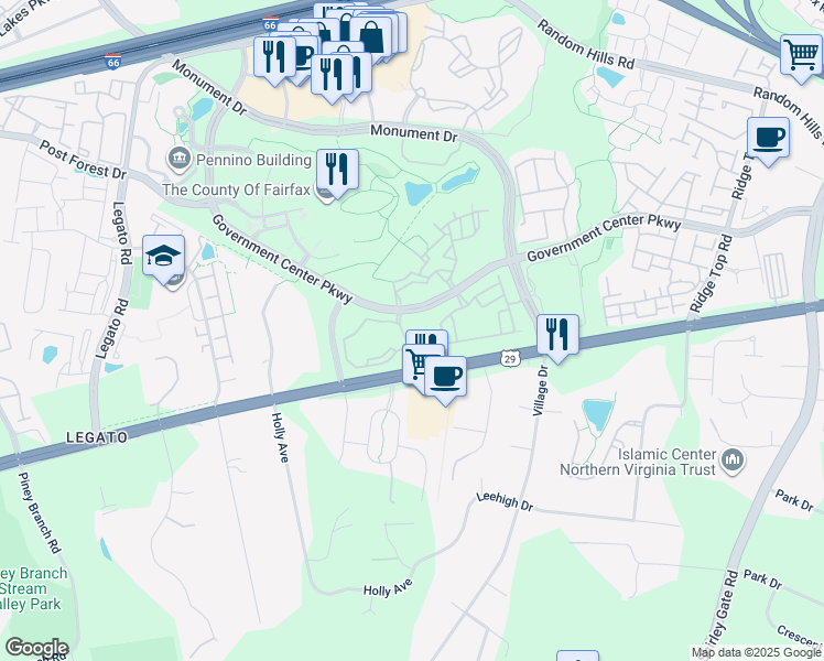 map of restaurants, bars, coffee shops, grocery stores, and more near 11842 Federalist Way in Fairfax