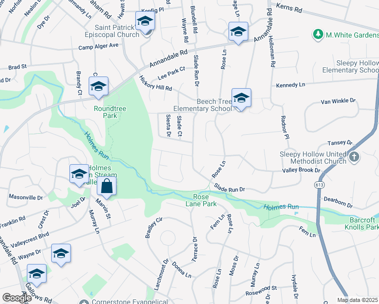 map of restaurants, bars, coffee shops, grocery stores, and more near 3430 Slade Run Drive in Falls Church