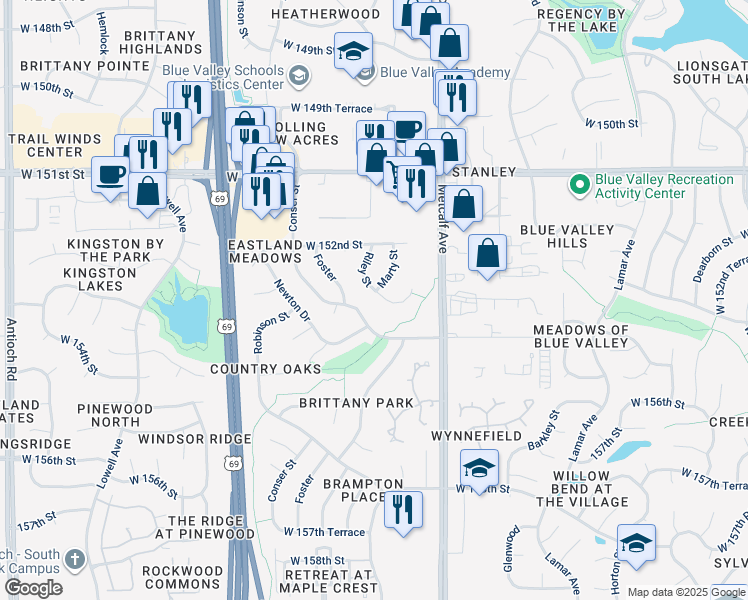 map of restaurants, bars, coffee shops, grocery stores, and more near 15413 Conser Street in Overland Park
