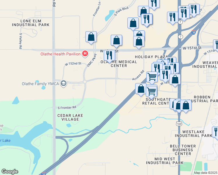 map of restaurants, bars, coffee shops, grocery stores, and more near 20705 West 151st Street in Olathe