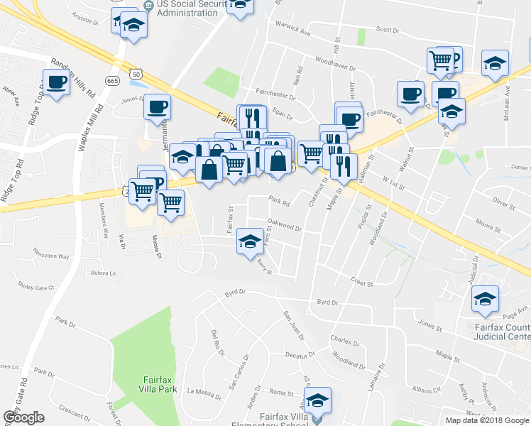 map of restaurants, bars, coffee shops, grocery stores, and more near 4024 Fern Street in Fairfax