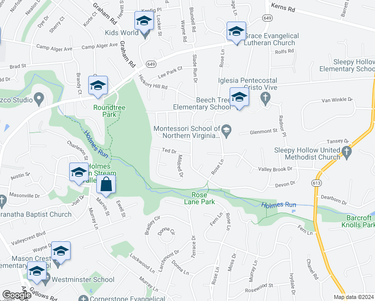 map of restaurants, bars, coffee shops, grocery stores, and more near 3430 Slade Run Drive in Falls Church
