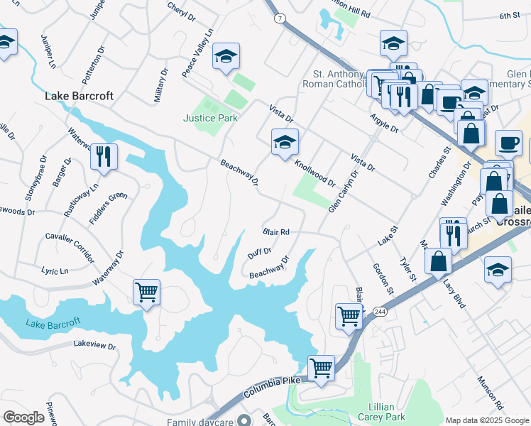 map of restaurants, bars, coffee shops, grocery stores, and more near 3416 Blair Road in Falls Church