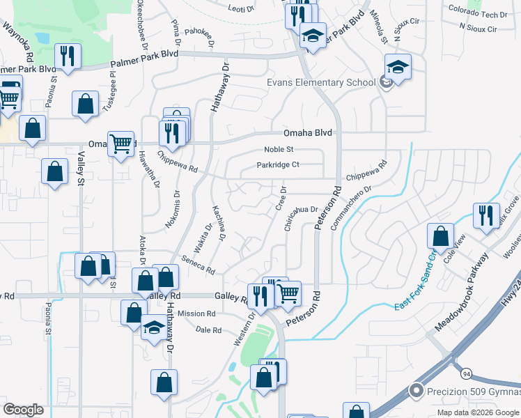 map of restaurants, bars, coffee shops, grocery stores, and more near 1286 Cree Drive in Colorado Springs