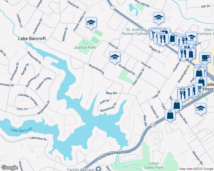 map of restaurants, bars, coffee shops, grocery stores, and more near 3416 Blair Road in Falls Church