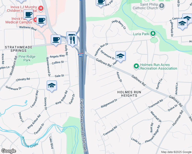 map of restaurants, bars, coffee shops, grocery stores, and more near 3400 Wheatwheel Lane in Annandale