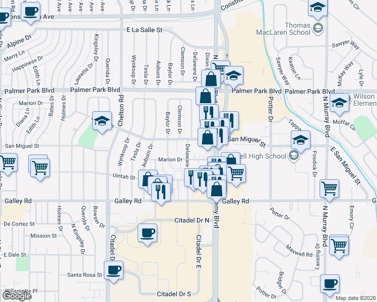 map of restaurants, bars, coffee shops, grocery stores, and more near 1224 Delaware Drive in Colorado Springs