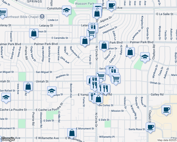 map of restaurants, bars, coffee shops, grocery stores, and more near 1253 Yuma Street in Colorado Springs