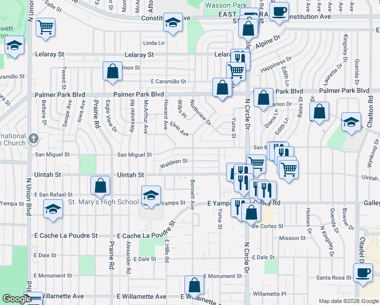 map of restaurants, bars, coffee shops, grocery stores, and more near 2570 Waldean Street in Colorado Springs