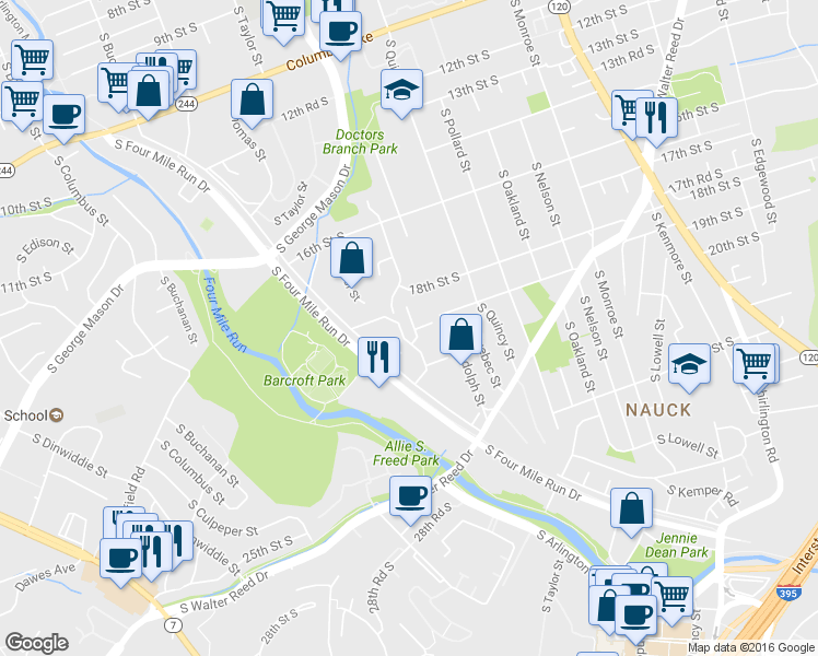 map of restaurants, bars, coffee shops, grocery stores, and more near 4143 South Four Mile Run Drive in Arlington
