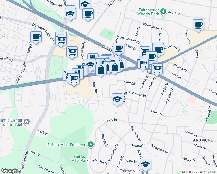 map of restaurants, bars, coffee shops, grocery stores, and more near 4114 Fairfax Street in Fairfax