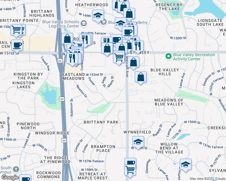 map of restaurants, bars, coffee shops, grocery stores, and more near 15338 Riley Street in Overland Park