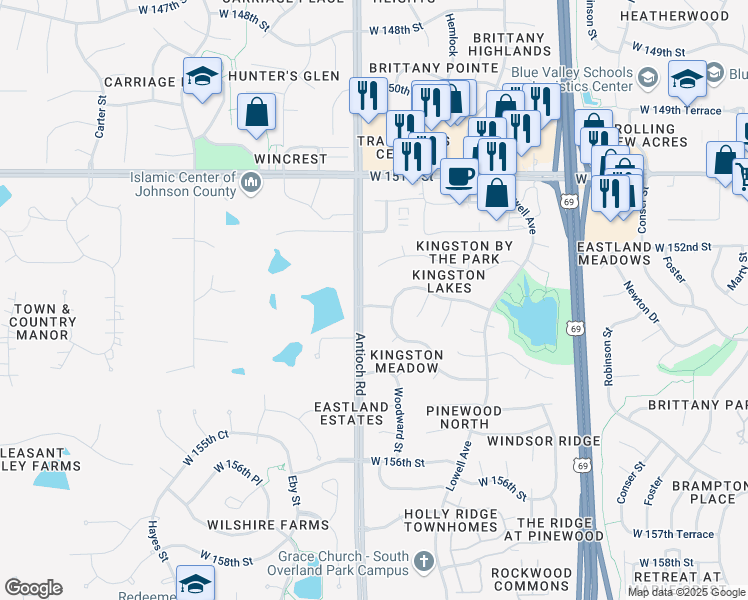 map of restaurants, bars, coffee shops, grocery stores, and more near 15365 Antioch Road in Overland Park
