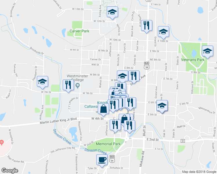 map of restaurants, bars, coffee shops, grocery stores, and more near Jefferson Street in Fulton