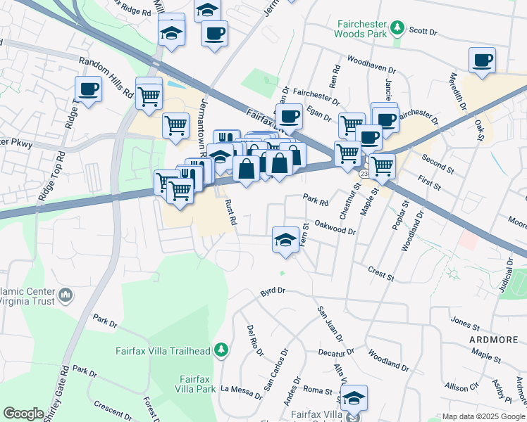 map of restaurants, bars, coffee shops, grocery stores, and more near 4114 Fairfax Street in Fairfax