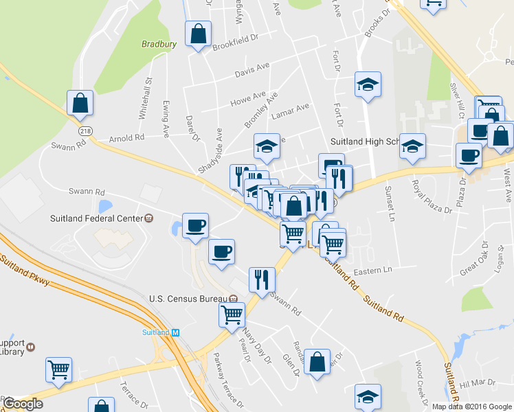 map of restaurants, bars, coffee shops, grocery stores, and more near 4628 Suitland Rd in Suitland