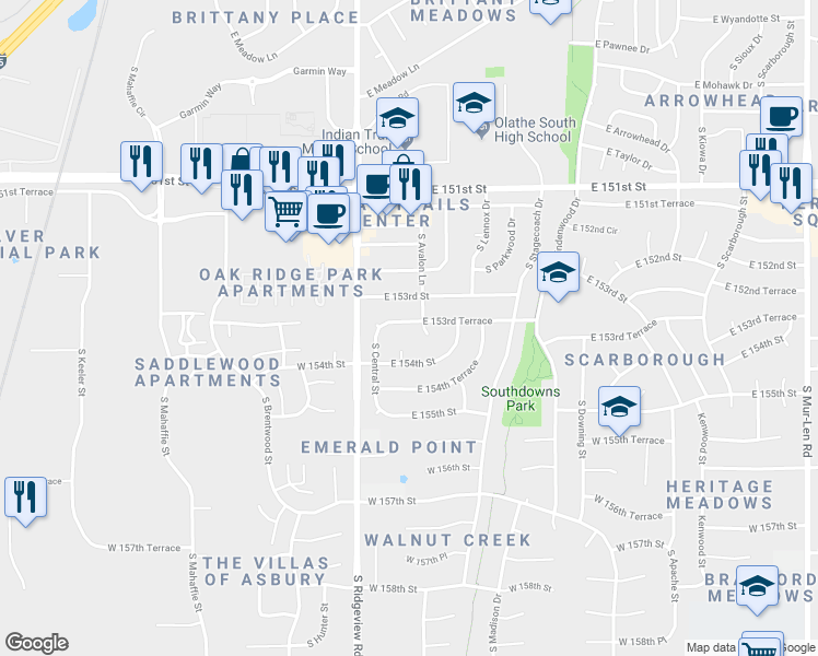 map of restaurants, bars, coffee shops, grocery stores, and more near 1323 East 153rd Terrace in Olathe