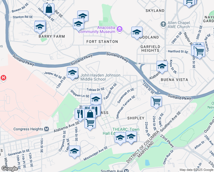 map of restaurants, bars, coffee shops, grocery stores, and more near 1825 Tobias Drive Southeast in Washington