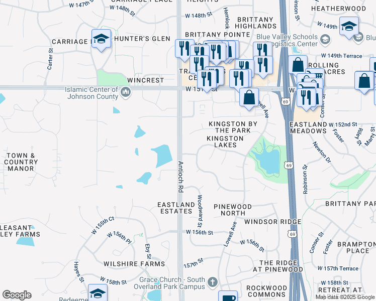 map of restaurants, bars, coffee shops, grocery stores, and more near 15365 Antioch Road in Overland Park