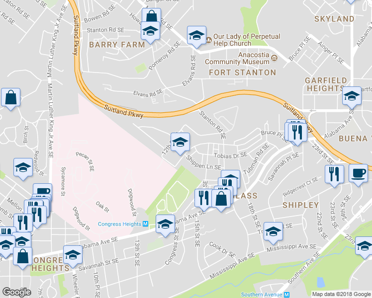 map of restaurants, bars, coffee shops, grocery stores, and more near 1462 Bruce Place Southeast in Washington