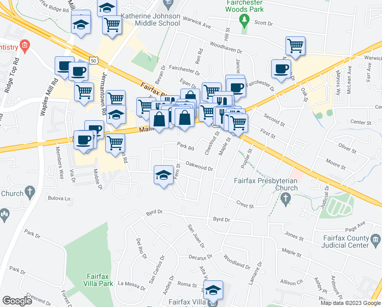 map of restaurants, bars, coffee shops, grocery stores, and more near 10929 Park Road in Fairfax